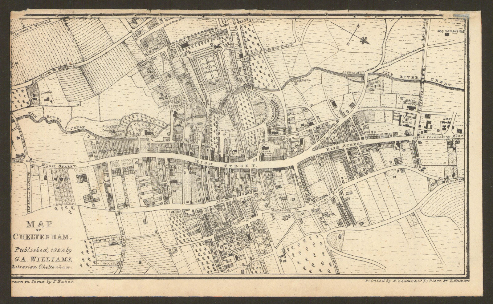 Cheltenham town city plan by G.A. Williams 1824 old antique map chart